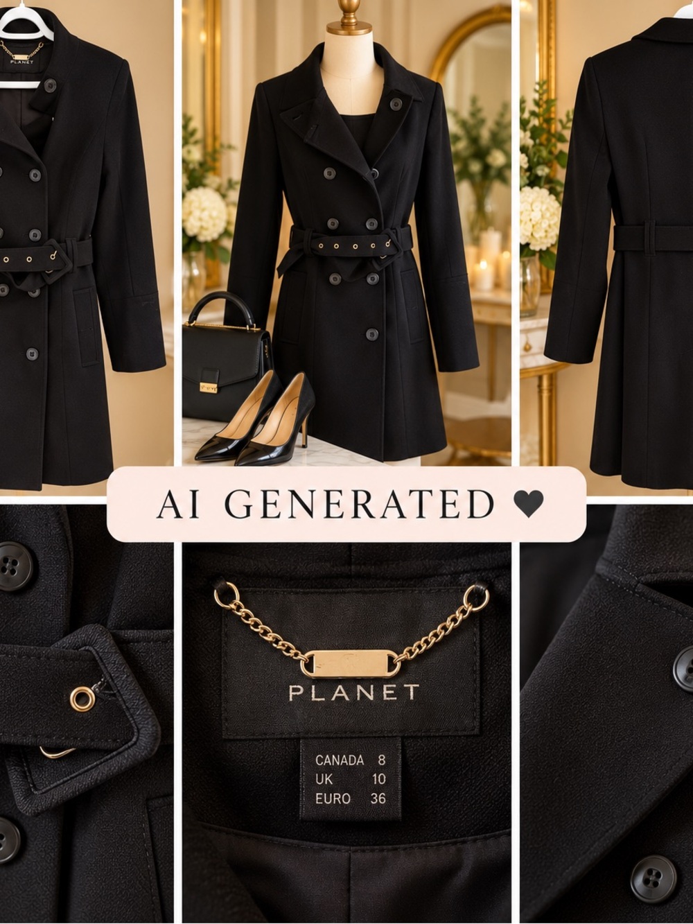 PLANET Black Belted Double-Breasted Coat | Canada 8 | Tailored